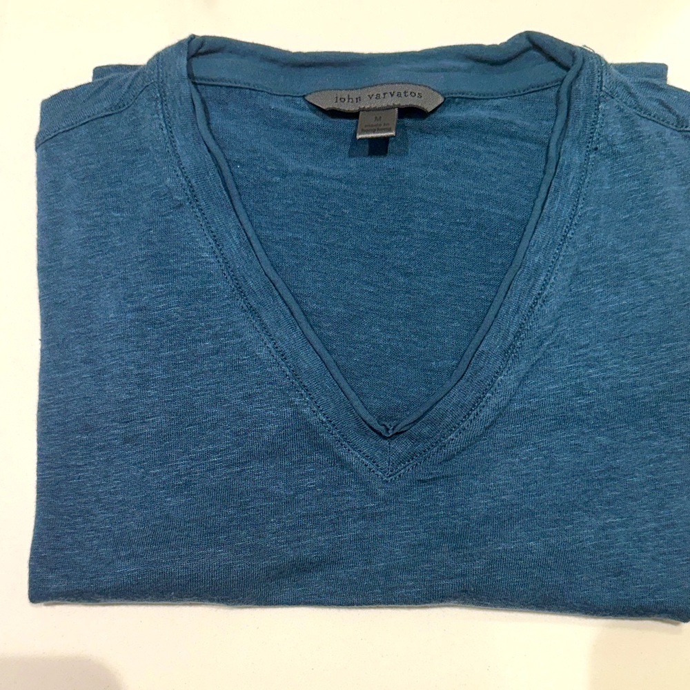 John Varvatos linen Teal V-Neck Tee